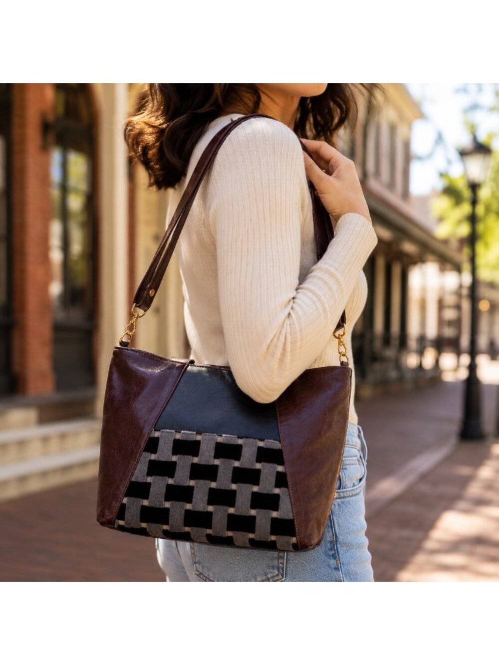 Crystalyn Kae Troubadour Tote Leather Carpet Women Purse Handbag Weave
